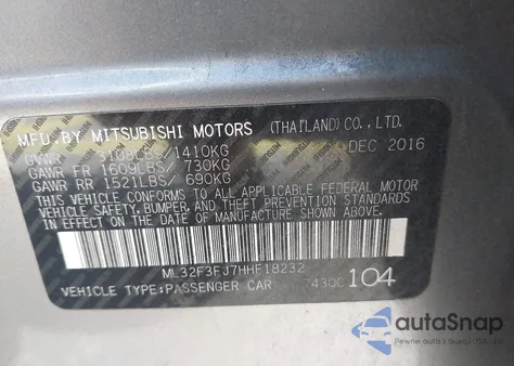 2017 Mitsubishi Mirage G4 Es из США, поврежденный, VIN ML32F3FJ7HHF18232